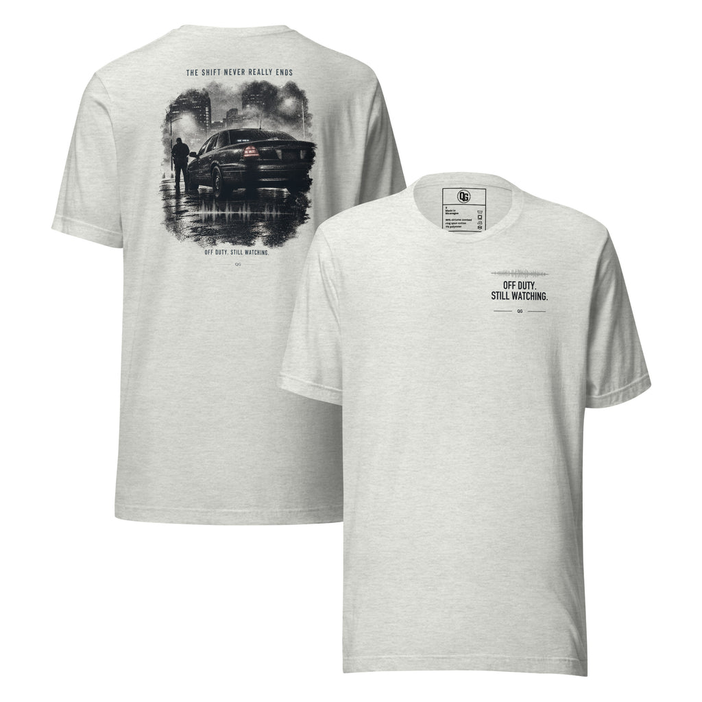 The Shift Never Really Ends Tee in Ash — front and back