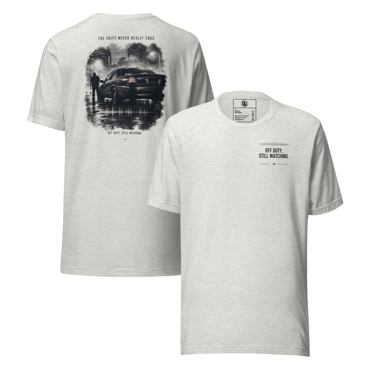 The Shift Never Really Ends Tee in Ash — front and back