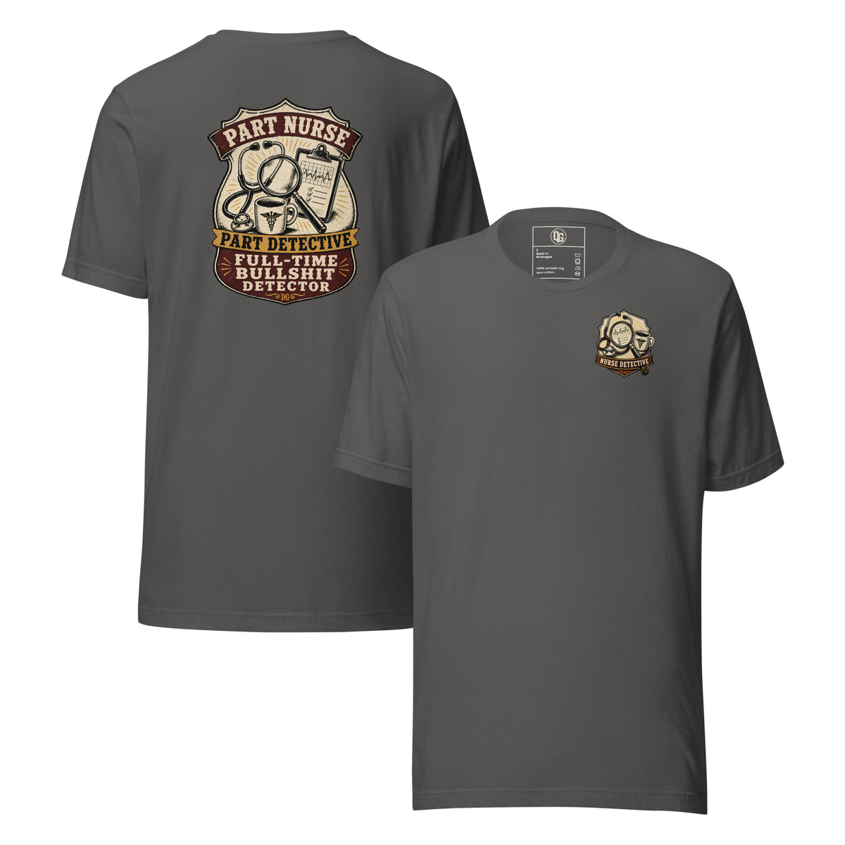 Nurse Detective Tee in Asphalt — front and back