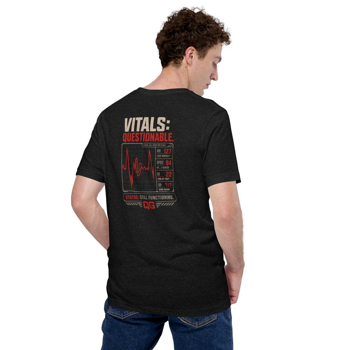 Questionable Vitals EMS Tee — black heather back