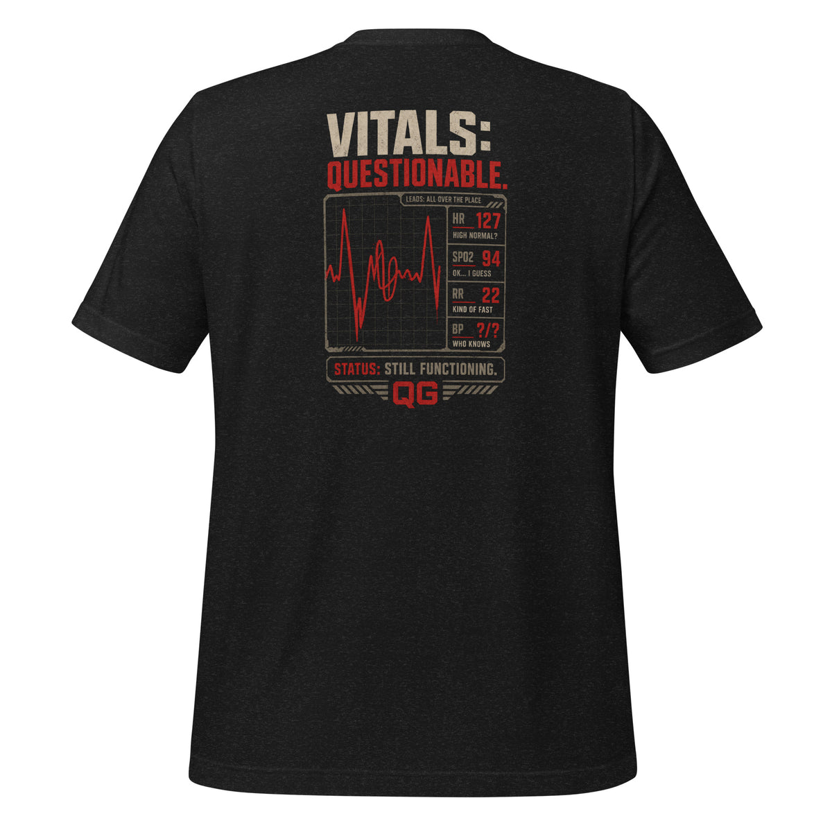 Questionable Vitals EMS Tee — black heather back