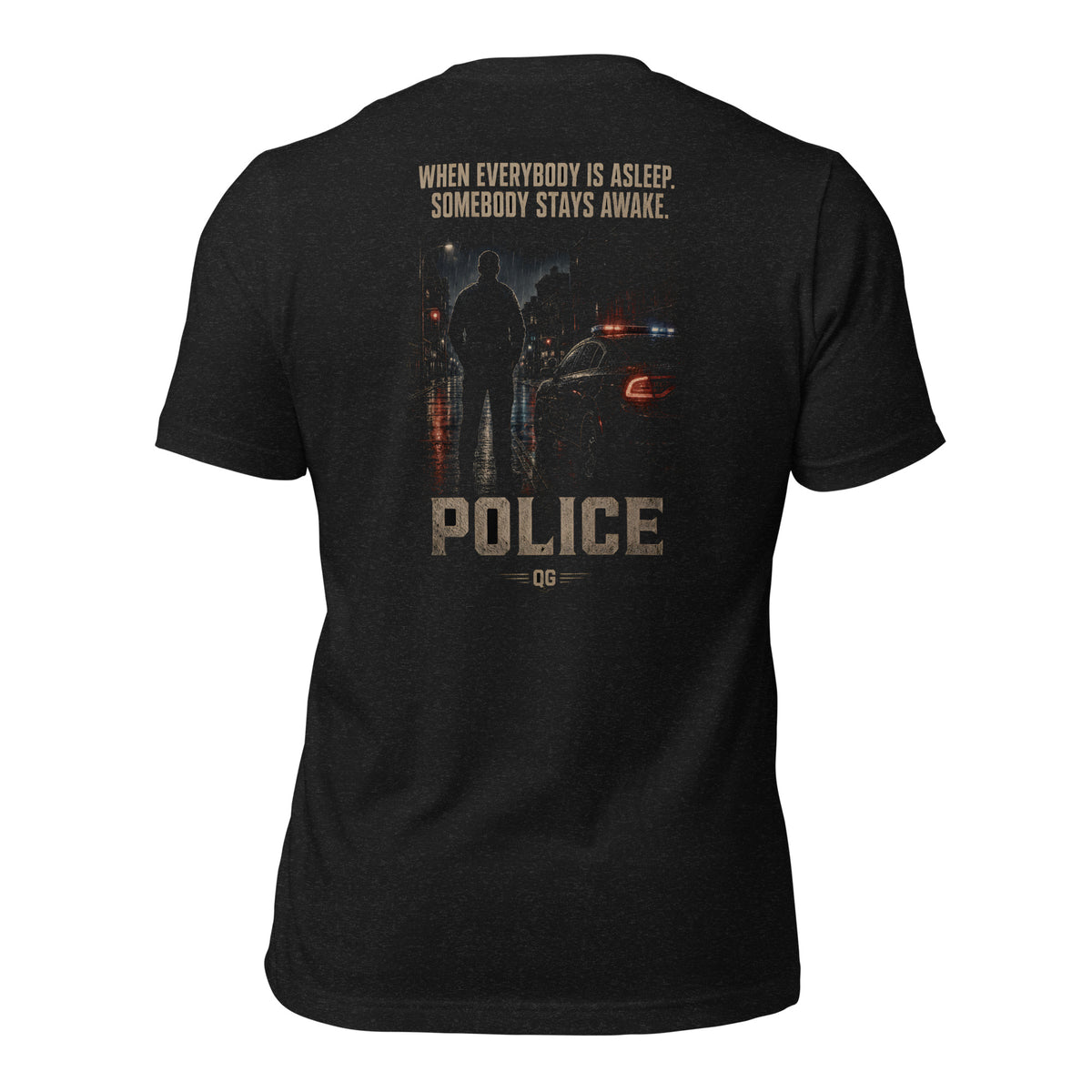 When Everybody Is Asleep Police Tee — black heather back