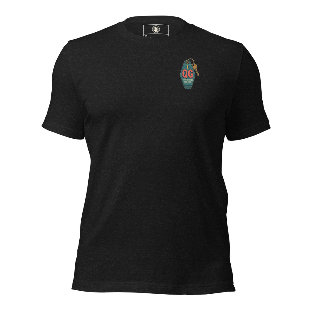 Bad Ideas. Good Stories. Tee — black heather front