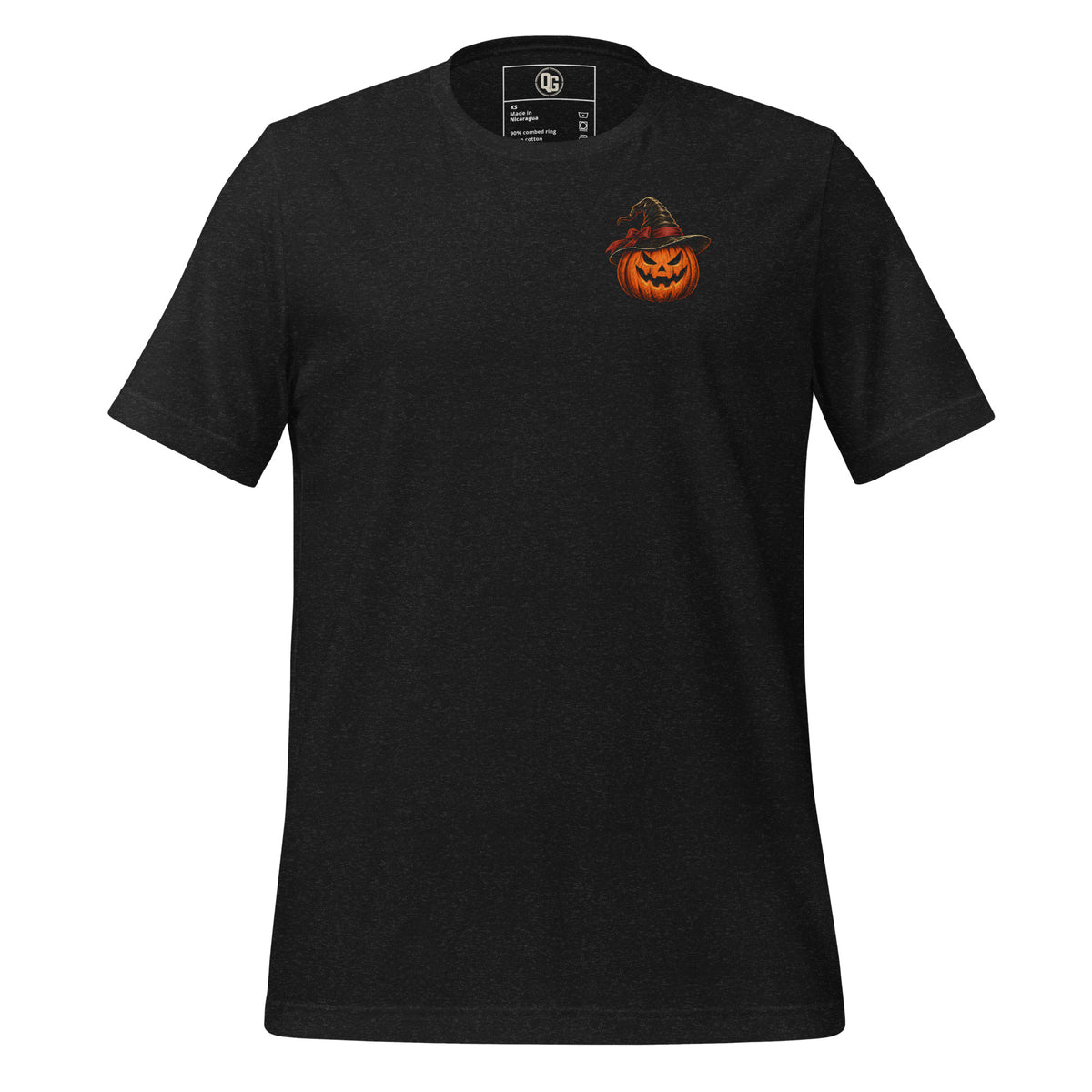 Who Needs a Costume Halloween T-Shirt in Black Heather, front view with witch-hat-and-pumpkin chest emblem.