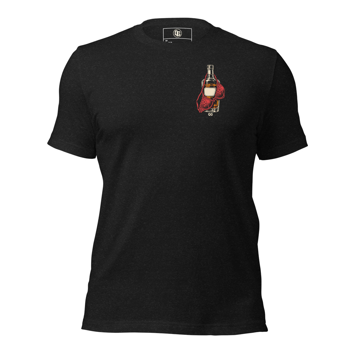 Questionable Priorities tee in Black Heather, front view showing the liquor bottle and red lace bra chest artwork.