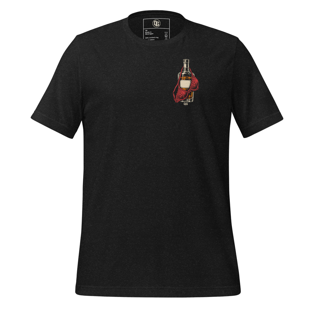 Questionable Priorities tee in Black Heather, front view showing the liquor bottle and red lace bra chest artwork.