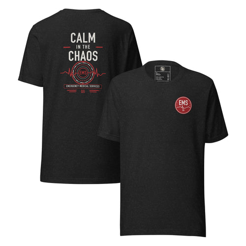 Calm in the Chaos EMS Tee — black heather front and back views