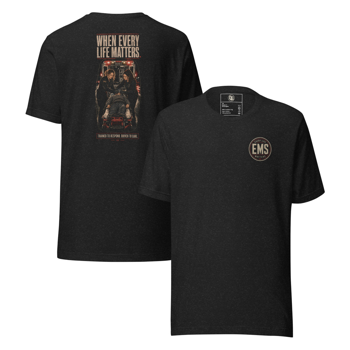 Every Life Matters EMS Tee — black heather front and back views