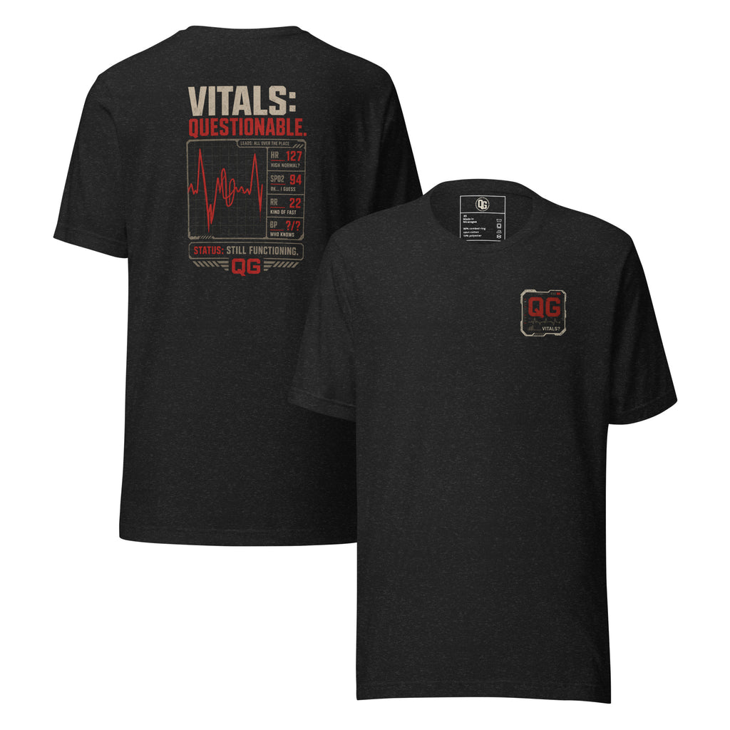 Questionable Vitals EMS Tee — black heather front and back views