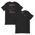 When Everybody Is Asleep Police Tee — black heather front and back views