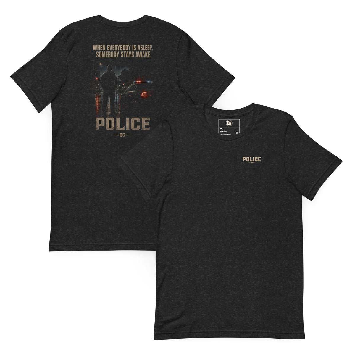 When Everybody Is Asleep Police Tee — black heather front and back views