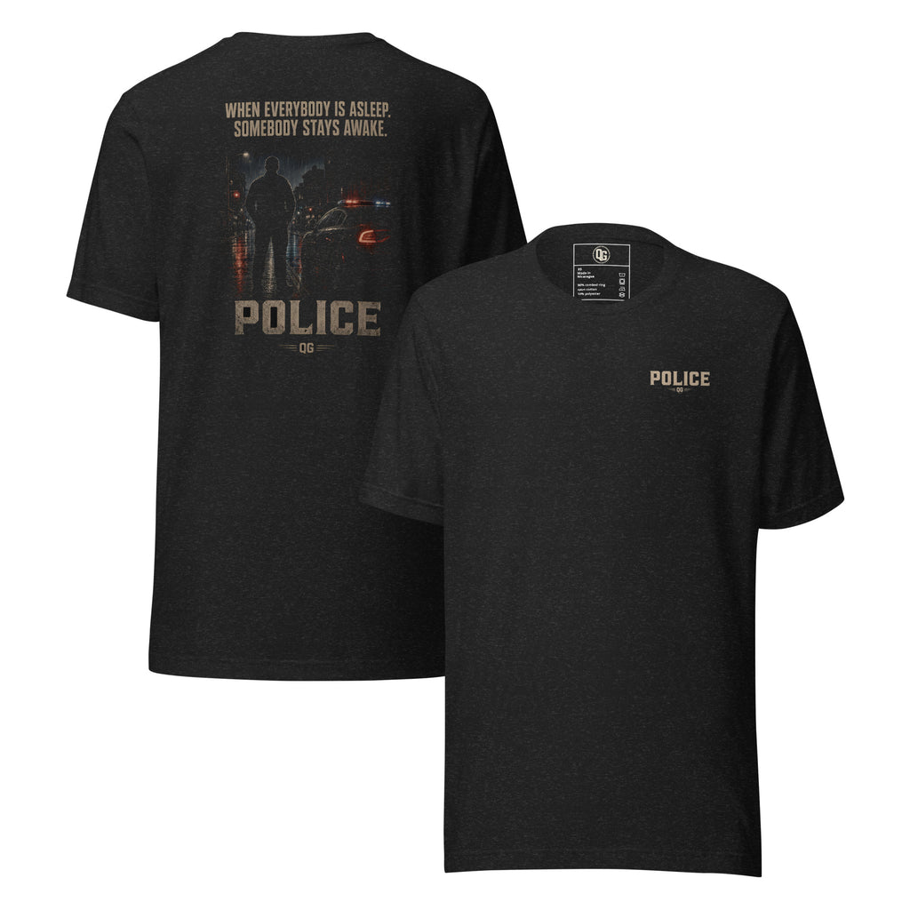 When Everybody Is Asleep Police Tee — black heather front and back views