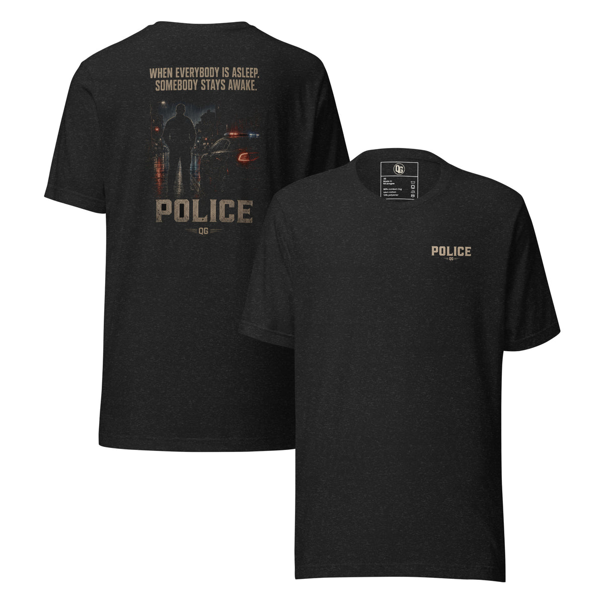 When Everybody Is Asleep Police Tee — black heather front and back views