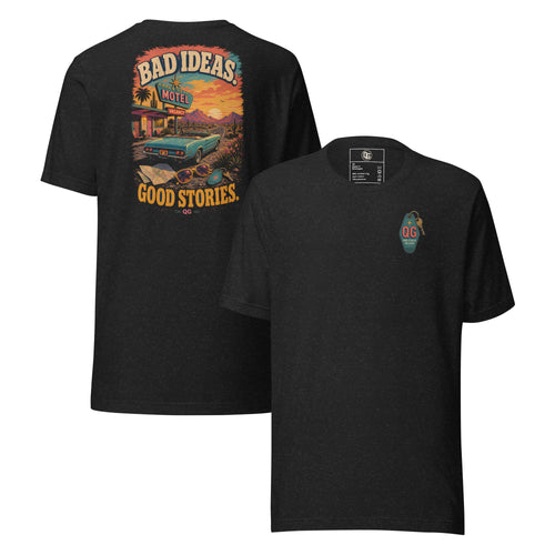 Bad Ideas. Good Stories. Tee — black heather front and back views