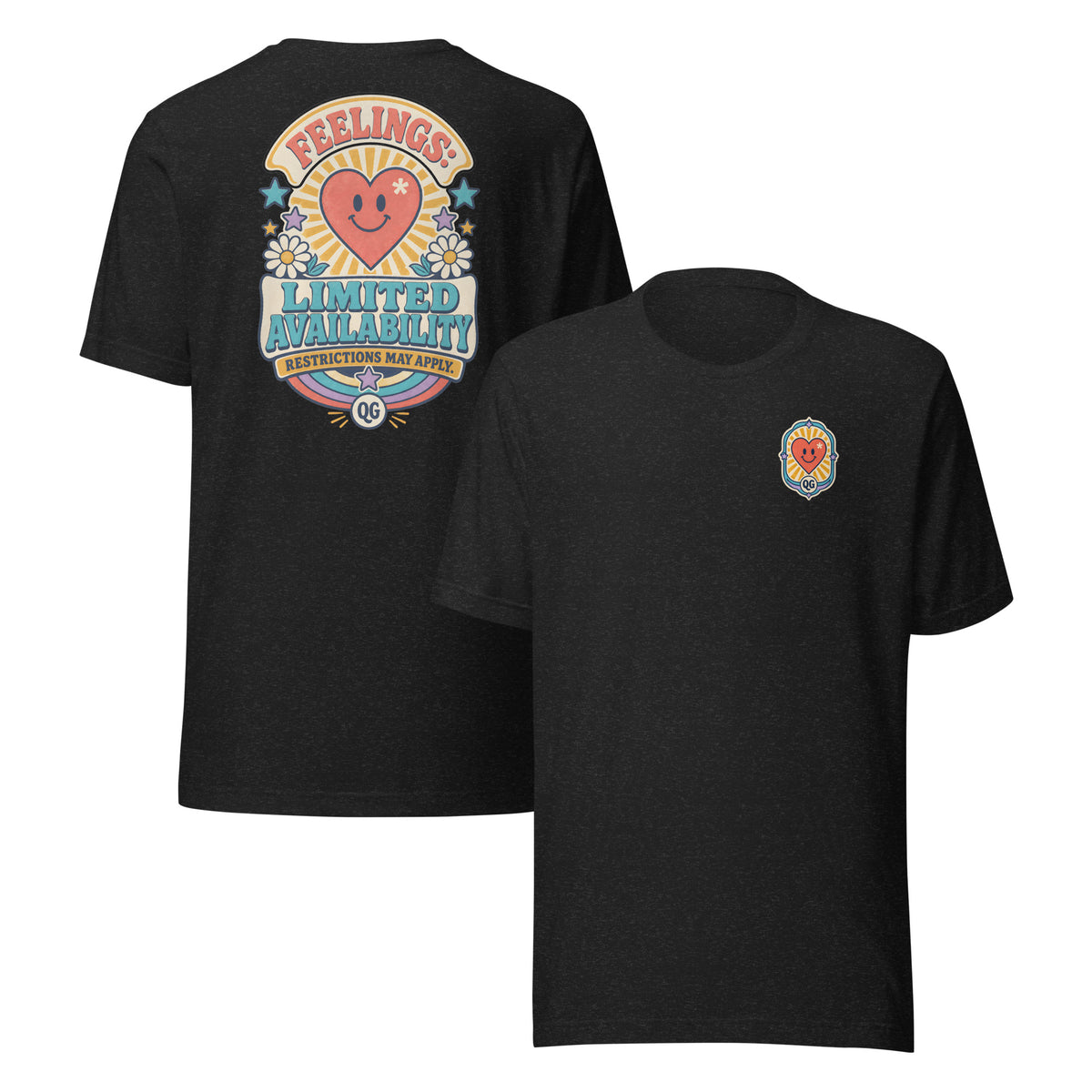 Feelings: Limited Availability Tee — black heather front and back views