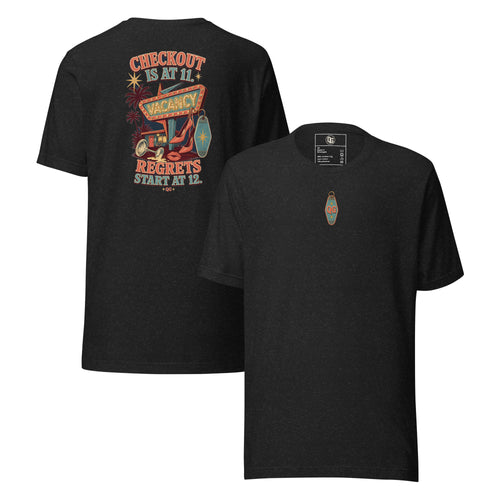 Checkout at 11. Regrets at 12 — black heather front and back views