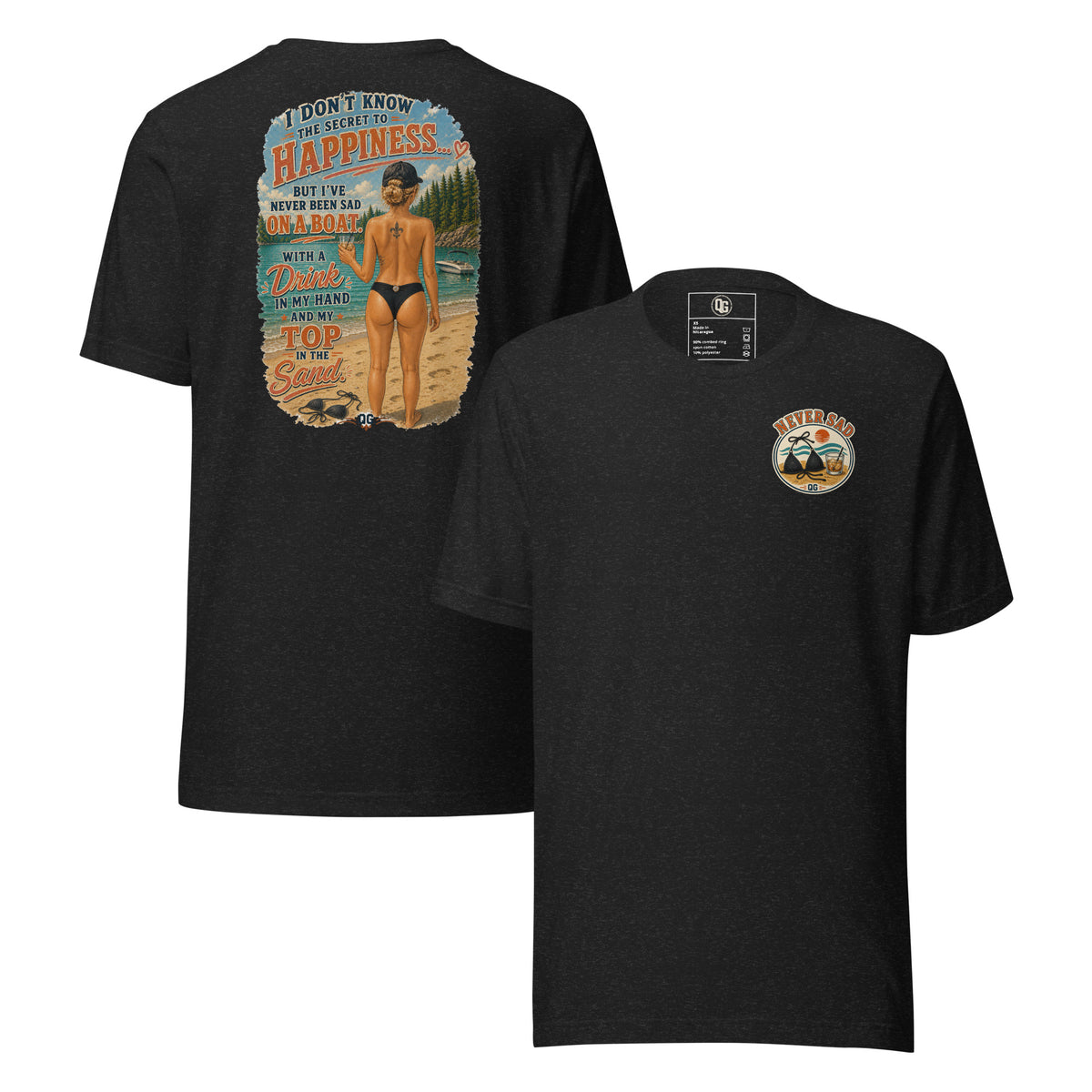 Never Sad on a Boat Tee in Black Heather — front and back