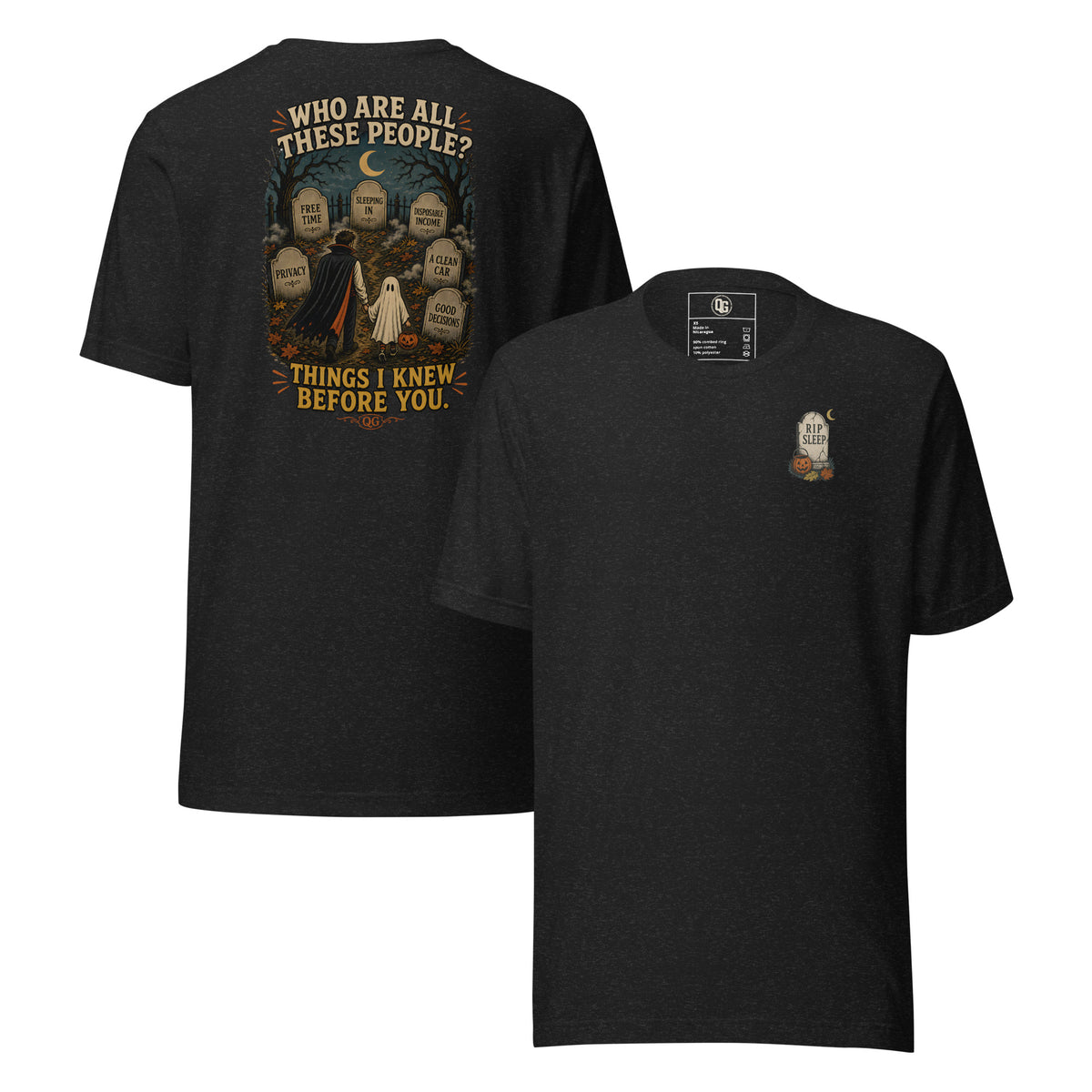 Things I Knew Before You Tee in Black Heather — front and back