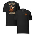 Who Needs a Costume Halloween T-Shirt in Black Heather, combined front and back views showing pumpkin chest emblem and pin-up witch back design.
