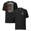 Questionable Priorities tee in Black Heather, front and back views showing the liquor bottle and bra chest artwork and illustrated adult-humor back design.