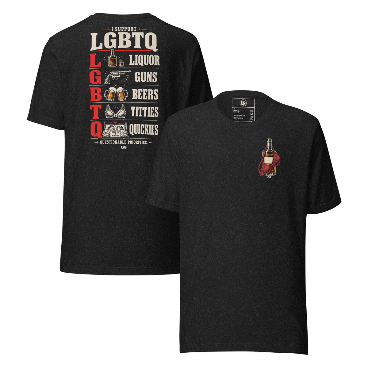 Questionable Priorities tee in Black Heather, front and back views showing the liquor bottle and bra chest artwork and illustrated adult-humor back design.