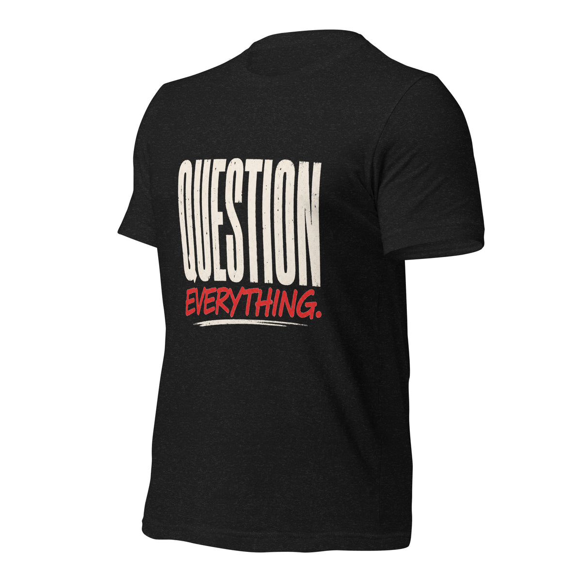 Question Everything Tee — black heather left front