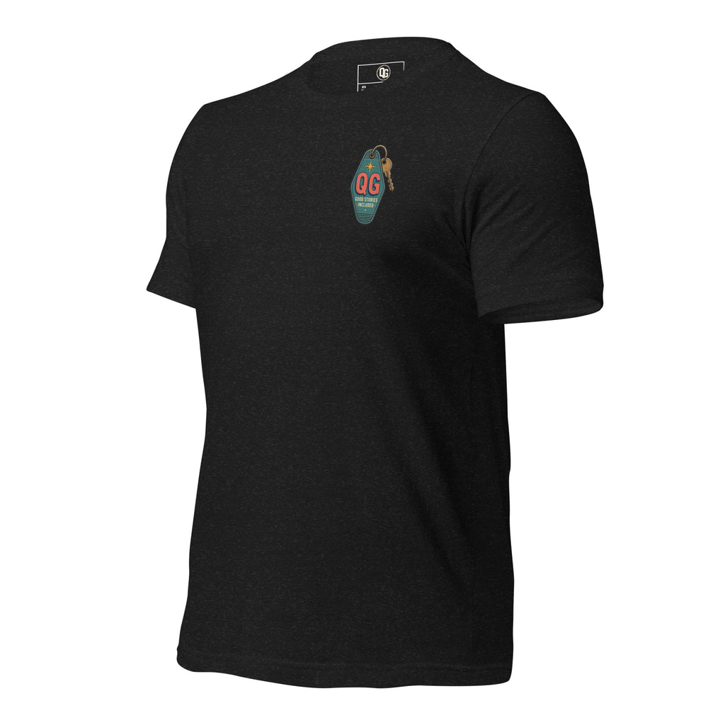 Bad Ideas. Good Stories. Tee — black heather left front