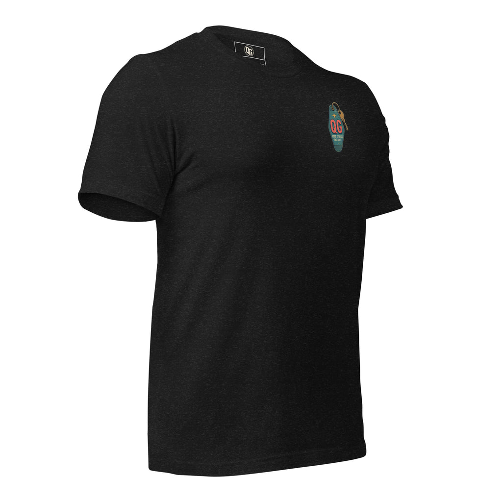 Bad Ideas. Good Stories. Tee — black heather right front