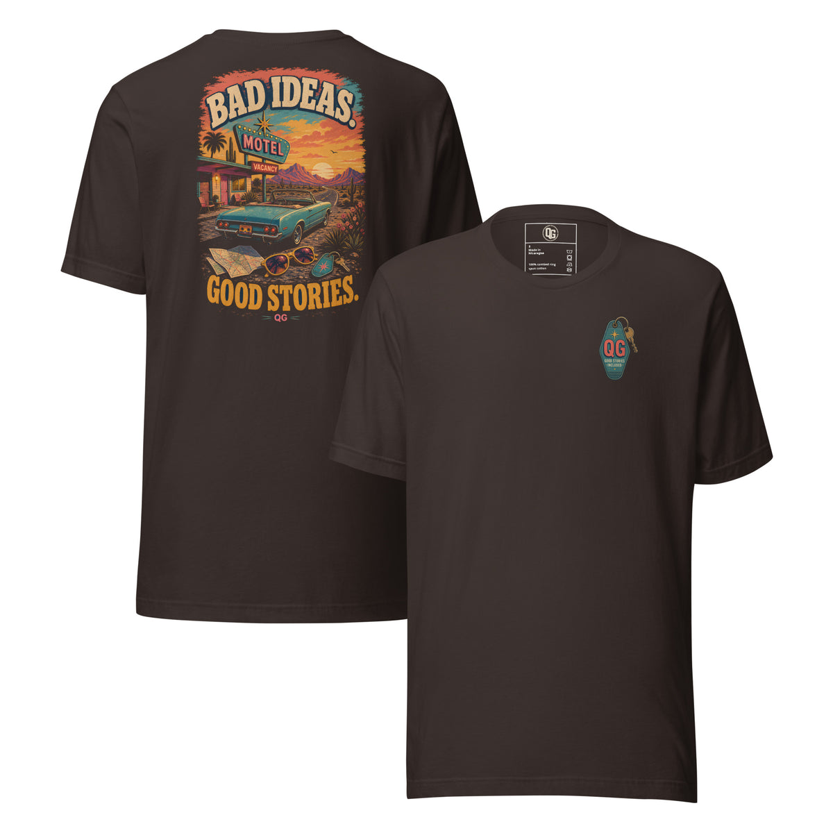 Bad Ideas. Good Stories. Tee — brown front and back views