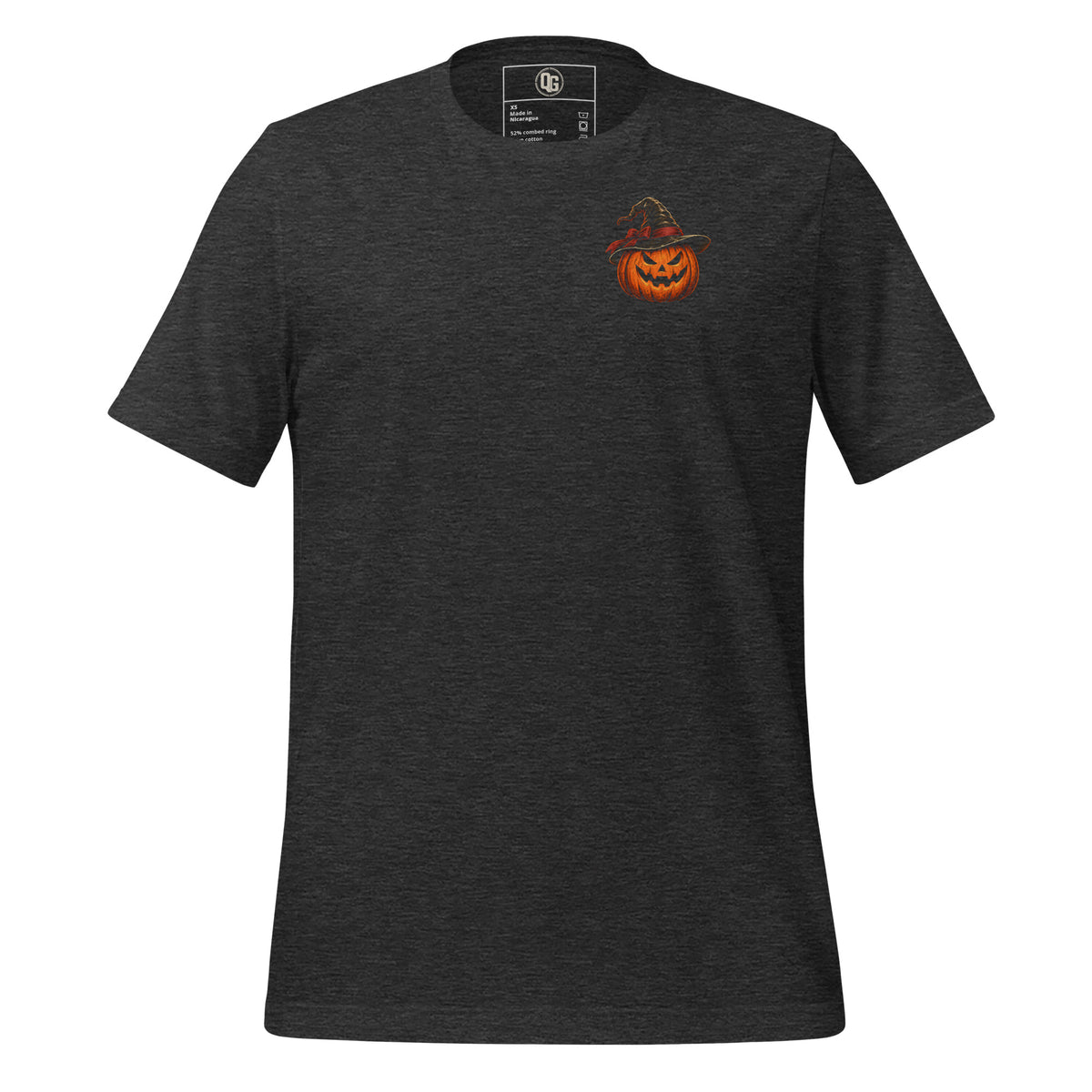 Who Needs a Costume Halloween T-Shirt in Dark Grey Heather, front view with witch-hat-and-pumpkin chest emblem.