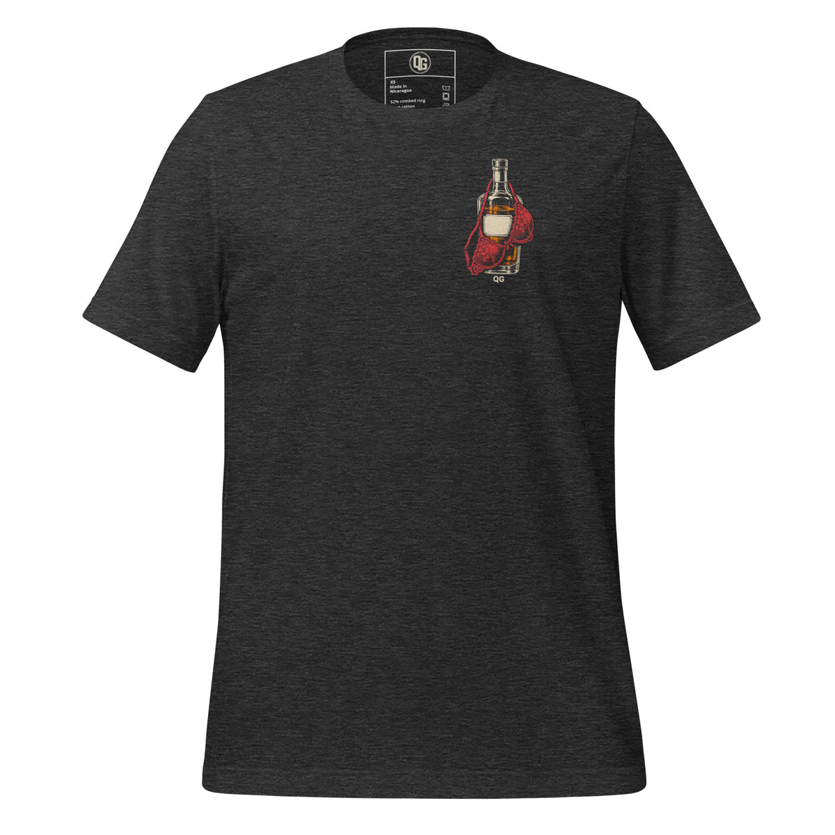 Questionable Priorities tee in Dark Grey Heather, front view showing the liquor bottle and red lace bra chest artwork.