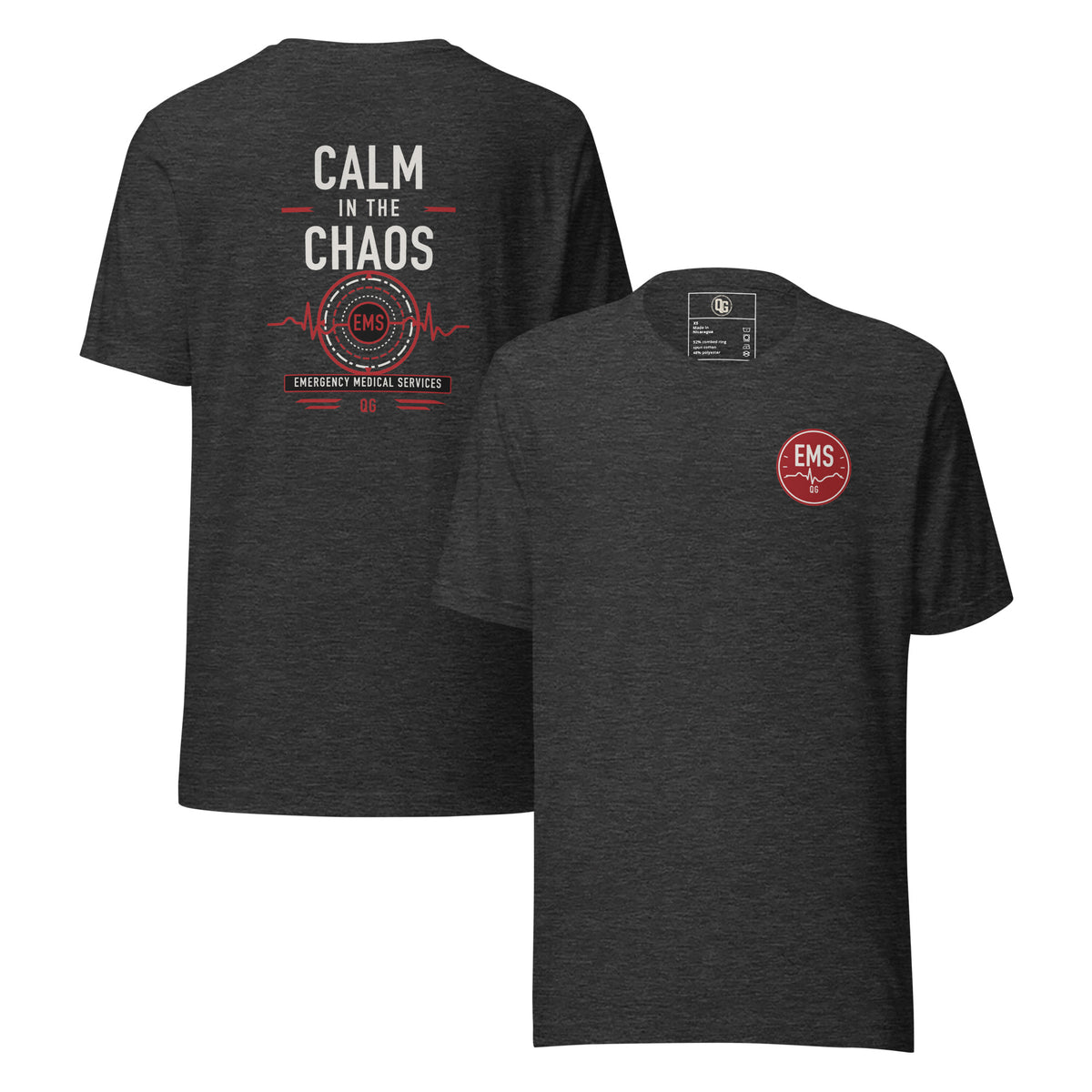 Calm in the Chaos EMS Tee — dark grey heather front and back views