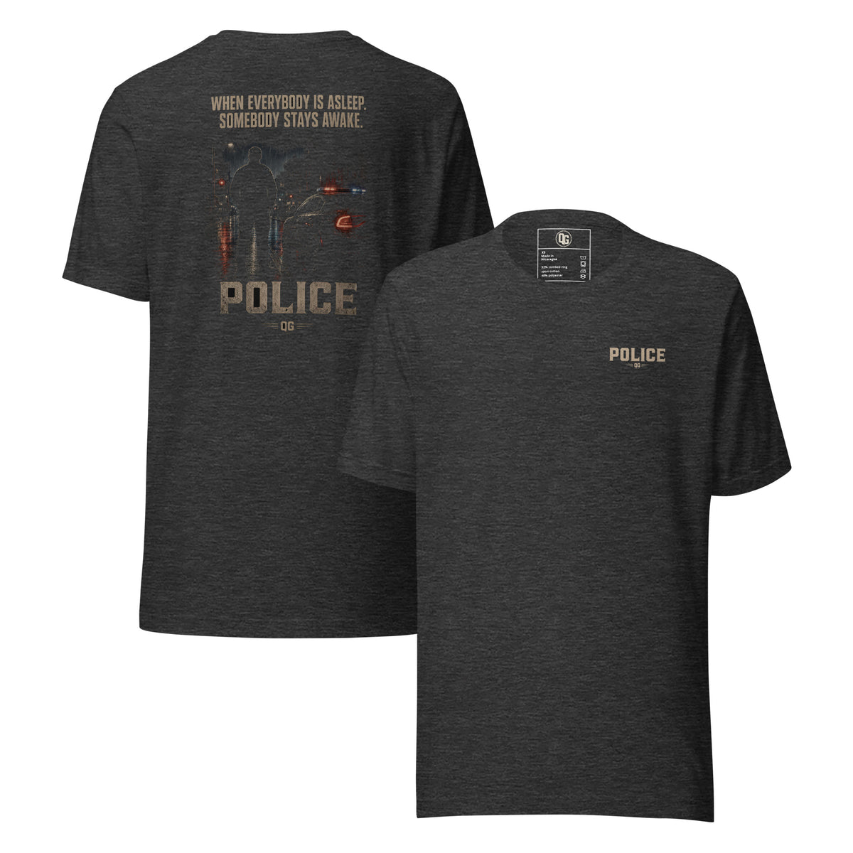 When Everybody Is Asleep Police Tee — dark grey heather front and back views