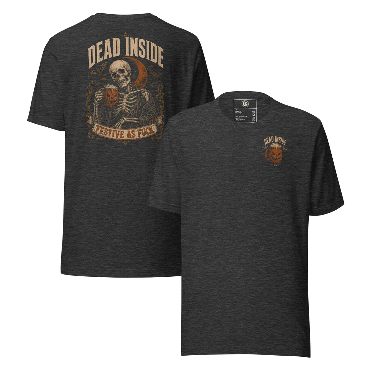 Dead Inside Halloween Tee in Dark Grey Heather — front and back