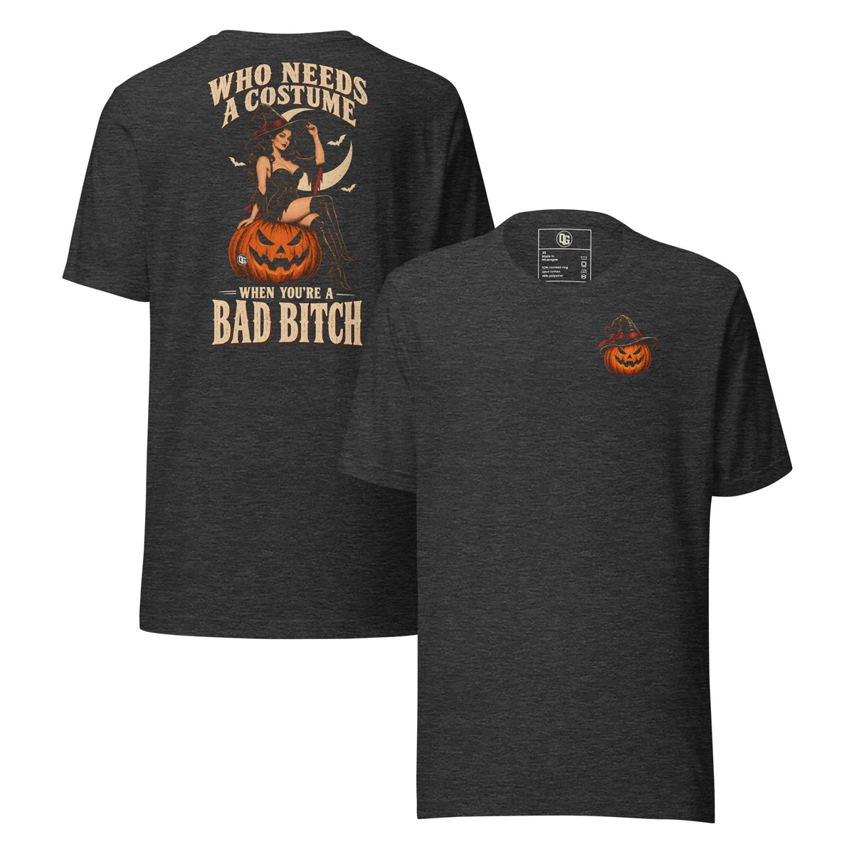 Who Needs a Costume Halloween T-Shirt in Dark Grey Heather, combined front and back views showing pumpkin chest emblem and pin-up witch back design.