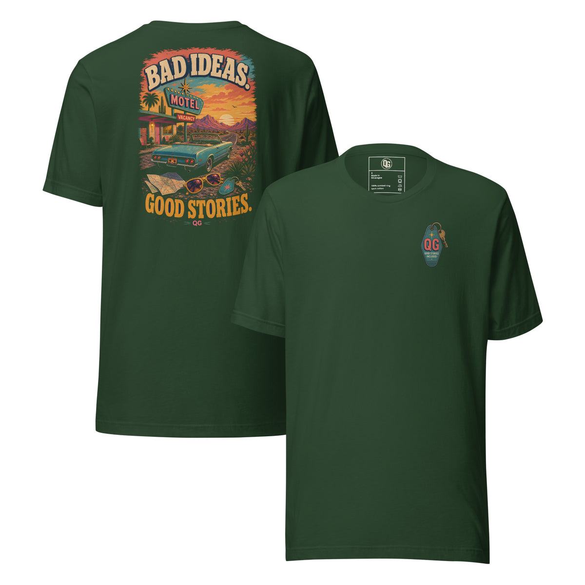 Bad Ideas. Good Stories. Tee — forest front and back views