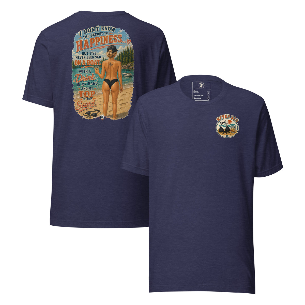 Never Sad on a Boat Tee in Heather Midnight Navy — front and back