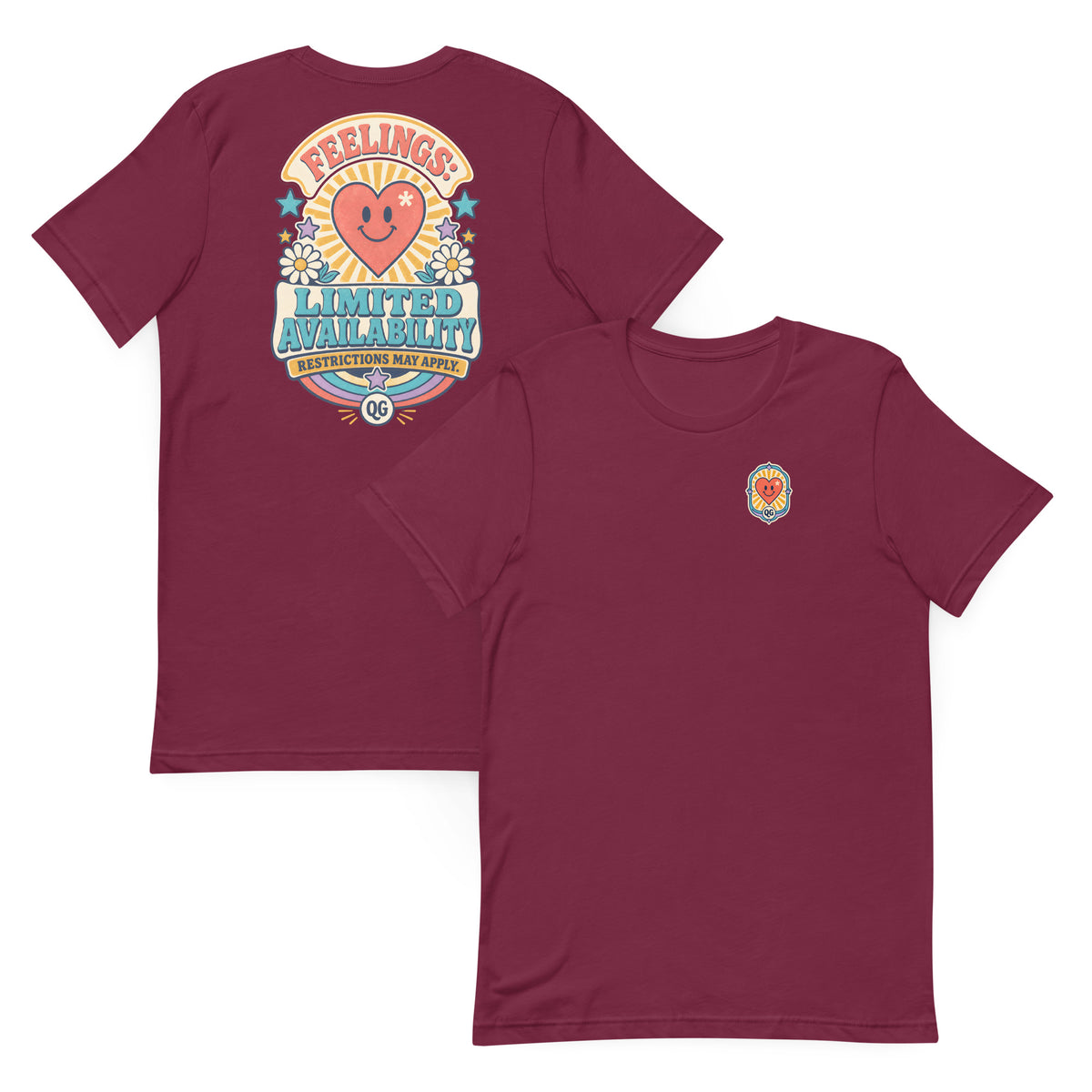 Feelings: Limited Availability Tee — maroon front and back views
