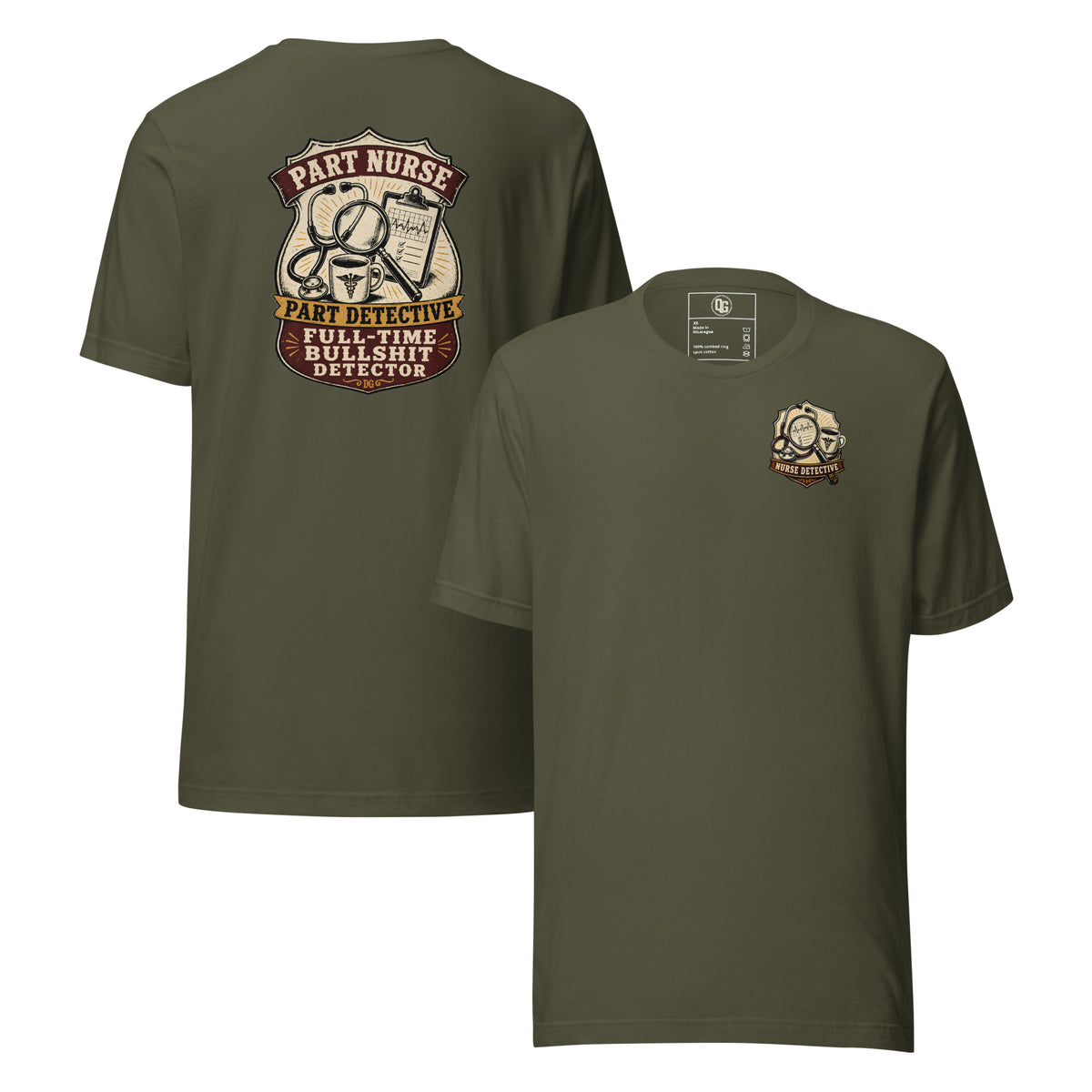 Nurse Detective Tee in Military Green — front and back