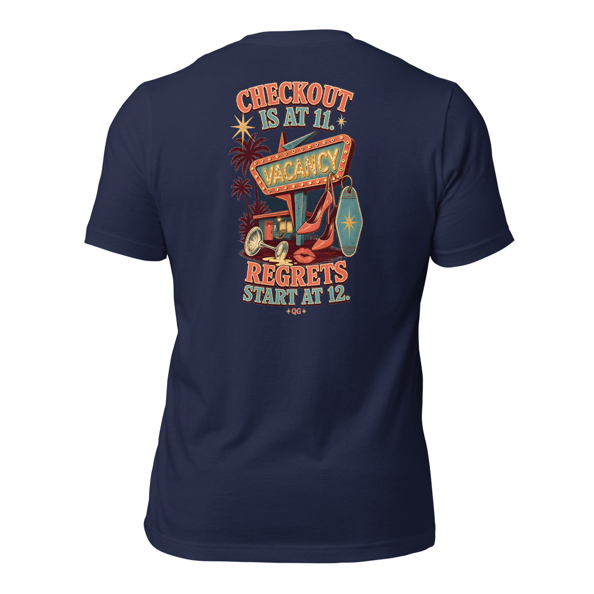 Checkout at 11. Regrets at 12 — navy back