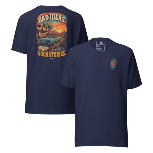 Bad Ideas. Good Stories. Tee — navy front and back views