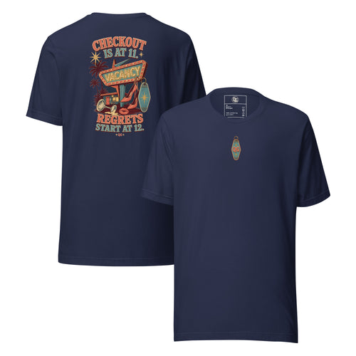 Checkout at 11. Regrets at 12 — navy front and back views