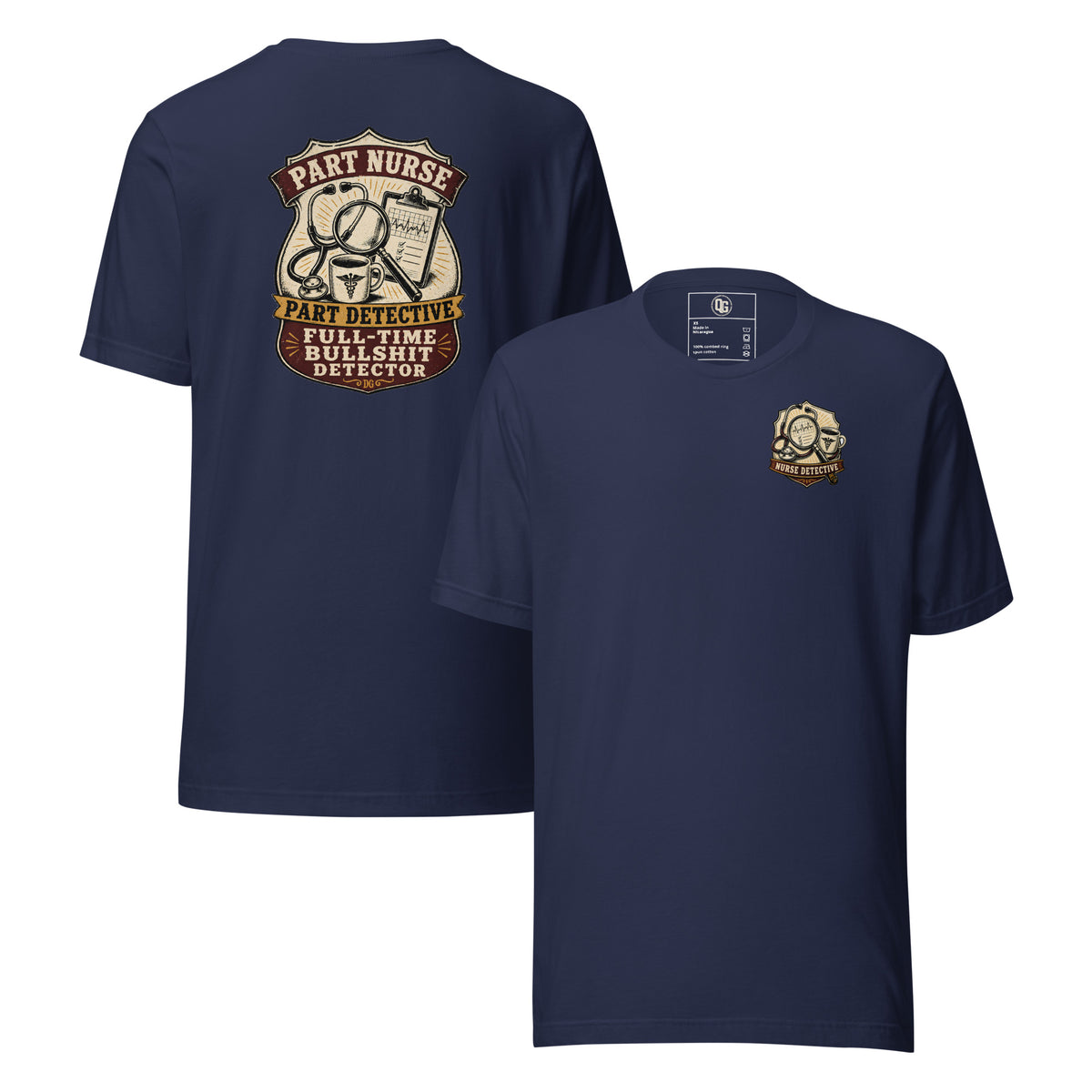 Nurse Detective Tee in Navy — front and back