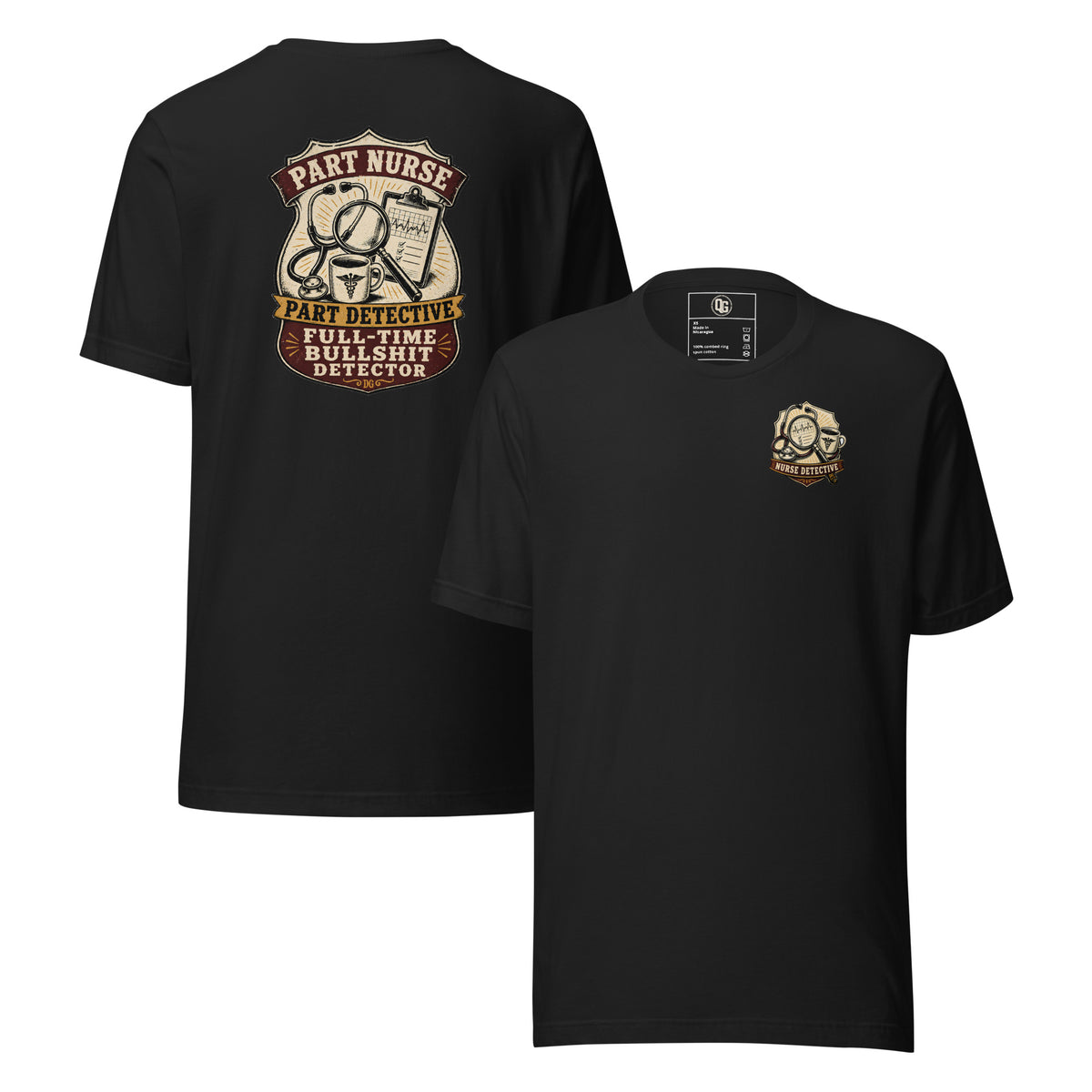 Nurse Detective Tee in Vintage Black — front and back